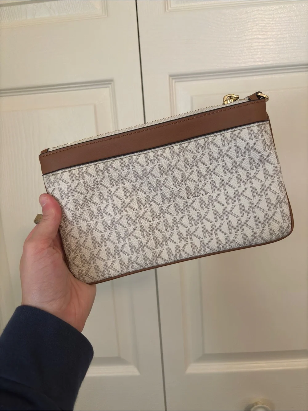 Michael Kors Beige/Light Taupe MK Logo Pouch with Gold Hardware